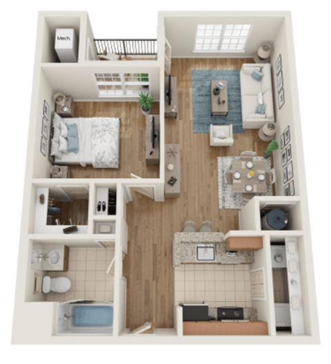 Floor plan for 1 bed, 1 bath, 707 sqft